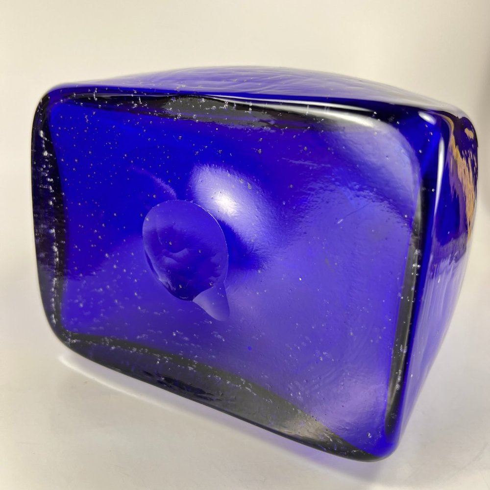 Cobalt Blue Vase Clear Cased Art Glass Hand Blown Bubbles Pattern - Picture 7 of 16